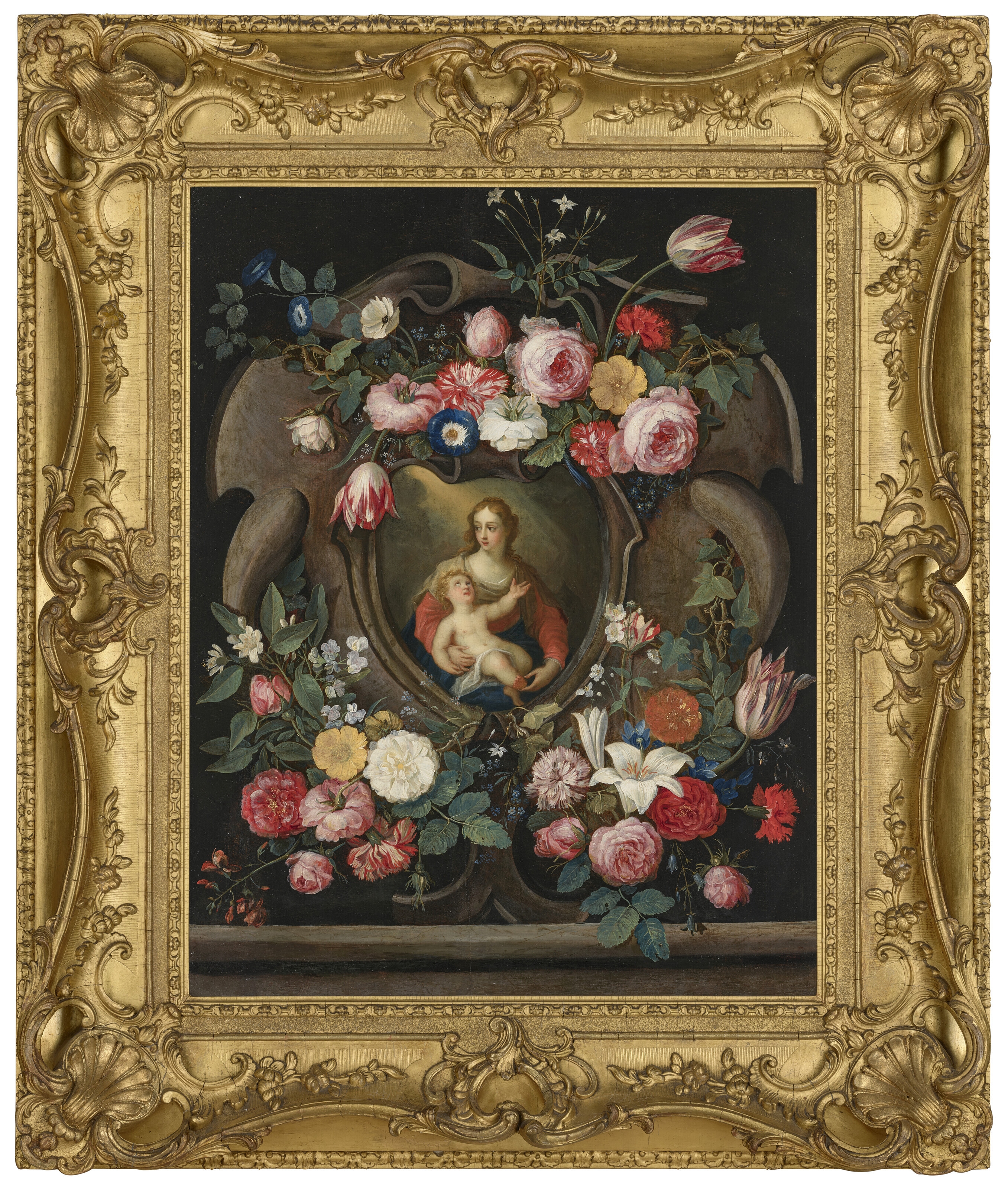 Artwork by Jan van Kessel I, Vierge à l'Enfant dans un cartouche en trompe-l'oeil entouré de guirlandes de fleurs, Made of oil on panel