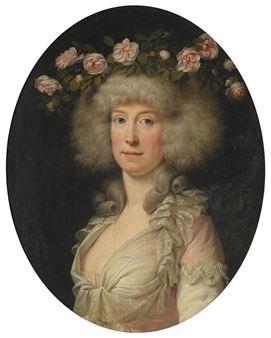 Portrait d'une femme portant une couronne de fleurs, en buste