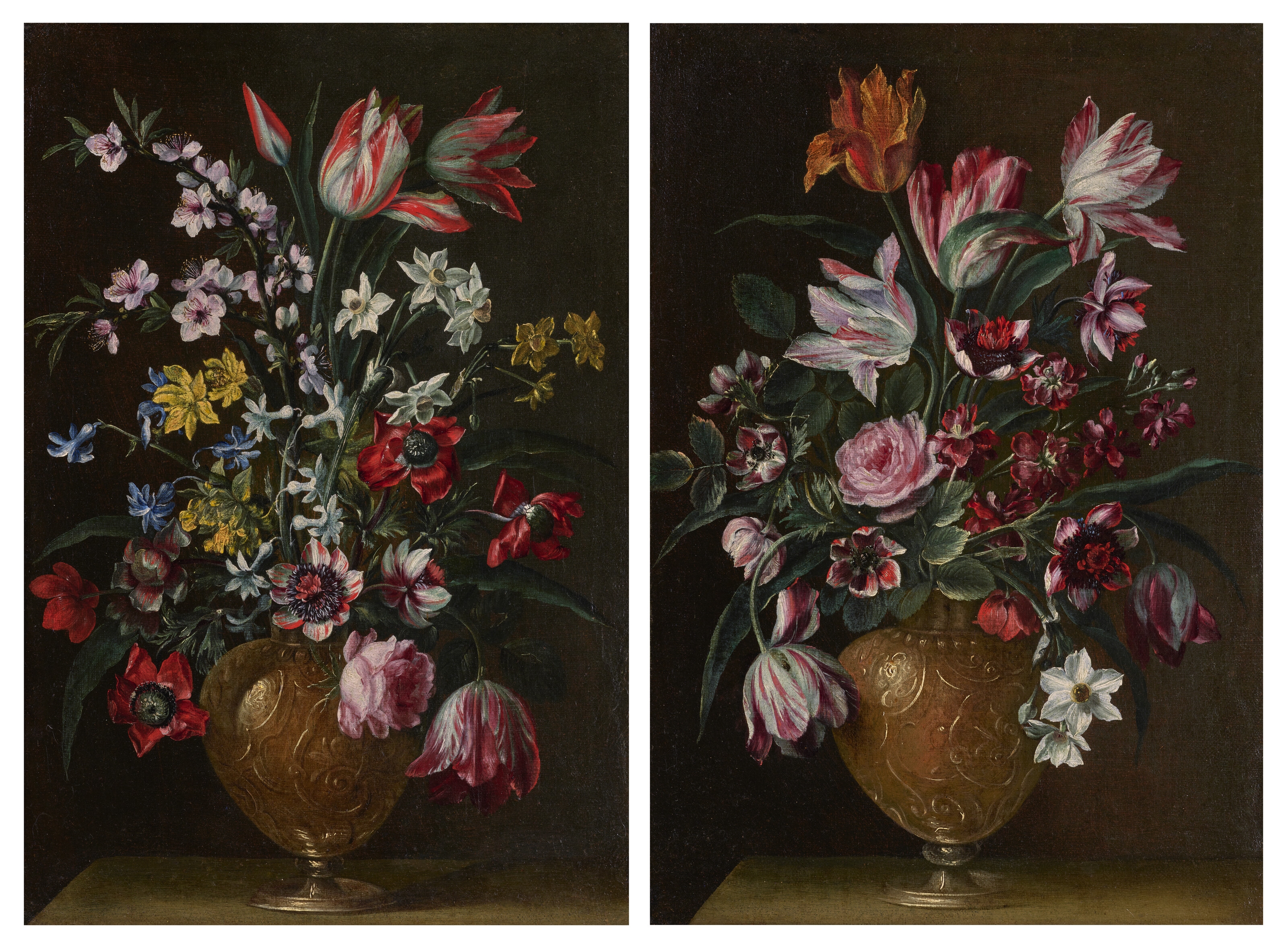 Artwork by Pier Francesco Cittadini, Deux vases de fleurs sur un entablement, Made of oil on canvas