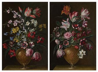 Deux vases de fleurs sur un entablement