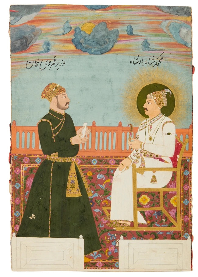 Artwork by Indian School, 18th Century, The Mughal emperor Muhammad Shah enthroned receiving his grand vizier Qammar ud-din Khan, Made of Opaque Pigments Heightened With Gold On Paper Laid On Card
