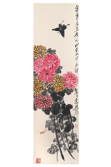 Scroll after Qi Bai Shi, depicting butterfly and chrysanthemum