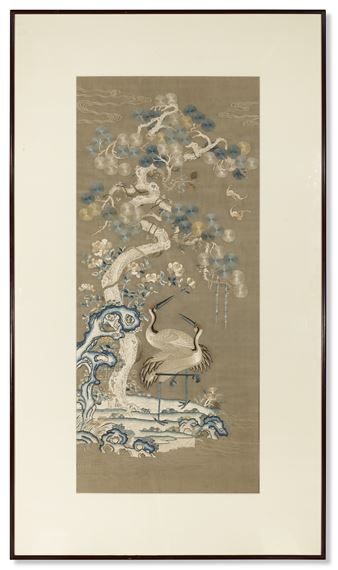 A LARGE EMBROIDERED SILK ‘CRANE AND PINE TREE’ PANEL - Chinese School