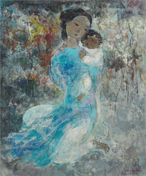 A painting of a woman holding a baby in her arms.