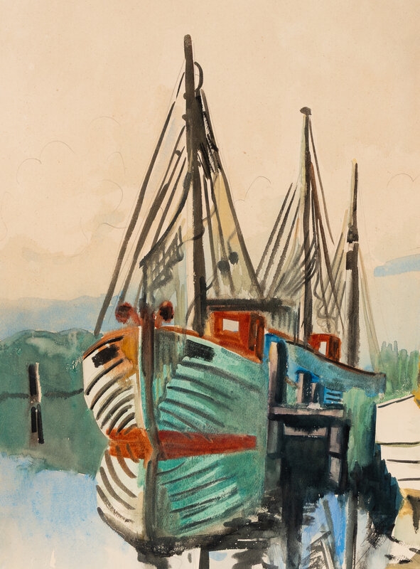 Artwork by Max Pechstein, Fischkutter im Lebastrom II (Fishing Boats in the Lebastrom II, Made of Watercolor And Pencil On Paper