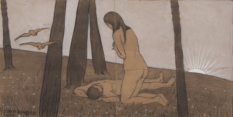 Artwork by Diego Rivera, Femme Devant Un Mort (Adam and Eve, Made of Charcoal And Graphite With Gouache On Paper