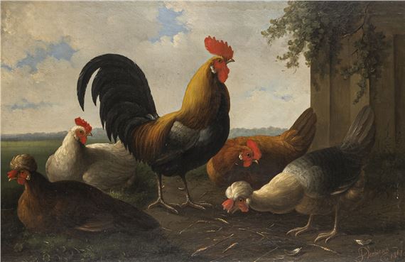 A pastoral oil painting of a rooster and hens in a rustic outdoor setting.