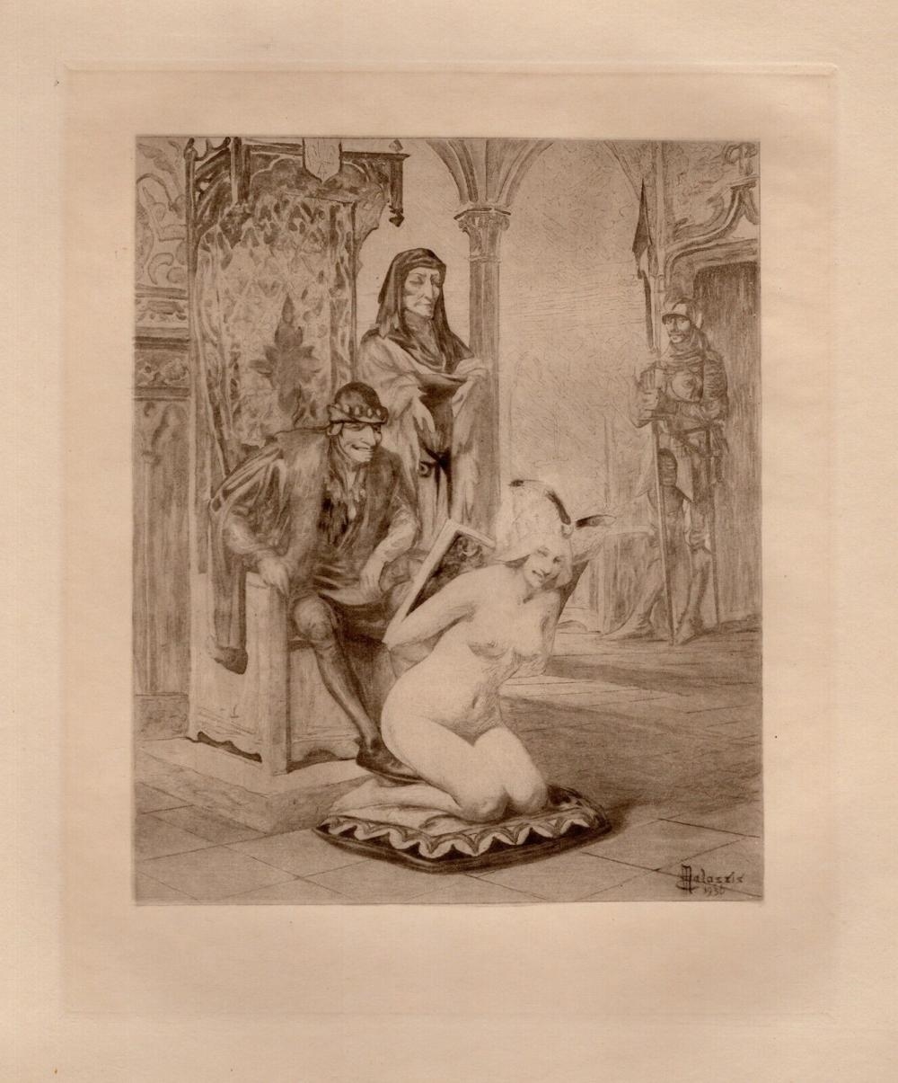 Artwork by Edmond Malassis, Louis the Eleventhe III (Louys le Onzième III) (Cent Nouvelles Nouvelles), Made of Vintage copper plate engraving in black ink on Velin paper