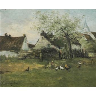 Federvieh vor dörflicher Kulisse