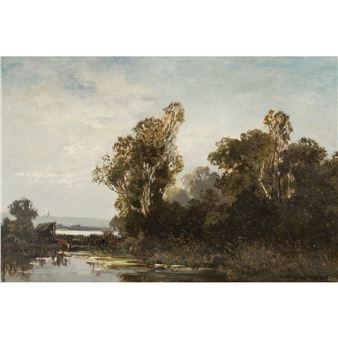 Uferpartie mit Kühen beim Trinken und einer Dorfsilhouette im Hintergrund