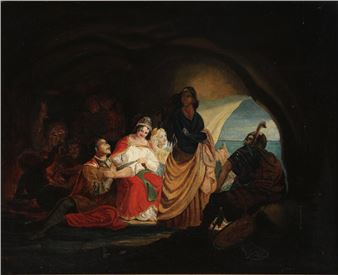 A dramatic historical painting depicting a group of figures in a cave illuminated by a distant light.