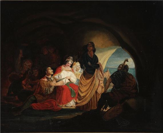 A dramatic historical painting depicting a group of figures in a cave illuminated by a distant light.