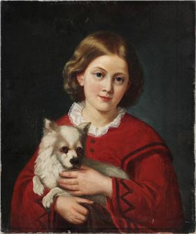 A girl wearing a red dress sitting with her dog - Henriette Nordan