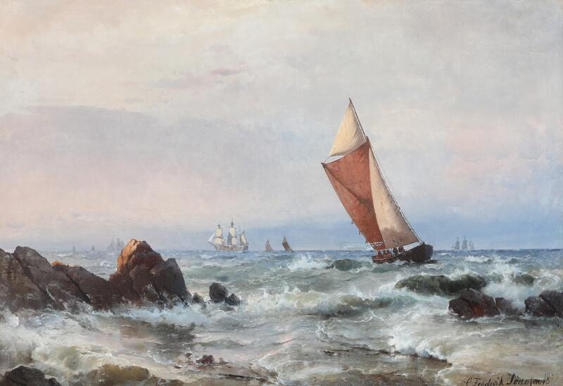 Artwork by Carl Frederik Sørensen, Seascape with a fishing boat near a rocky coast, and numerous sailing ships in the background, Made of Oil On Canvas