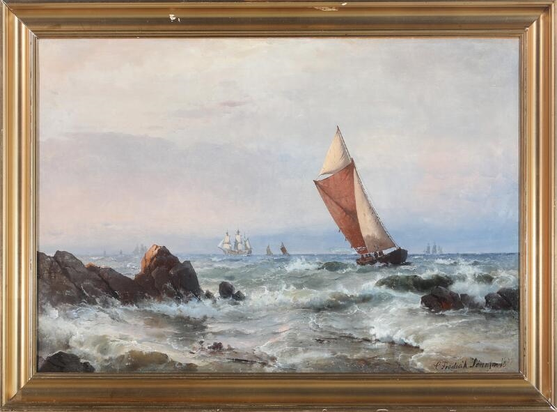 Artwork by Carl Frederik Sørensen, Seascape with a fishing boat near a rocky coast, and numerous sailing ships in the background, Made of Oil On Canvas