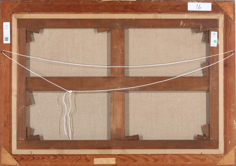 Artwork by Carl Frederik Sørensen, Seascape with a fishing boat near a rocky coast, and numerous sailing ships in the background, Made of Oil On Canvas