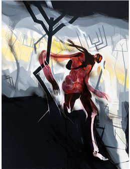 A stylized figure in red and black stands amidst a fractured, abstract landscape.