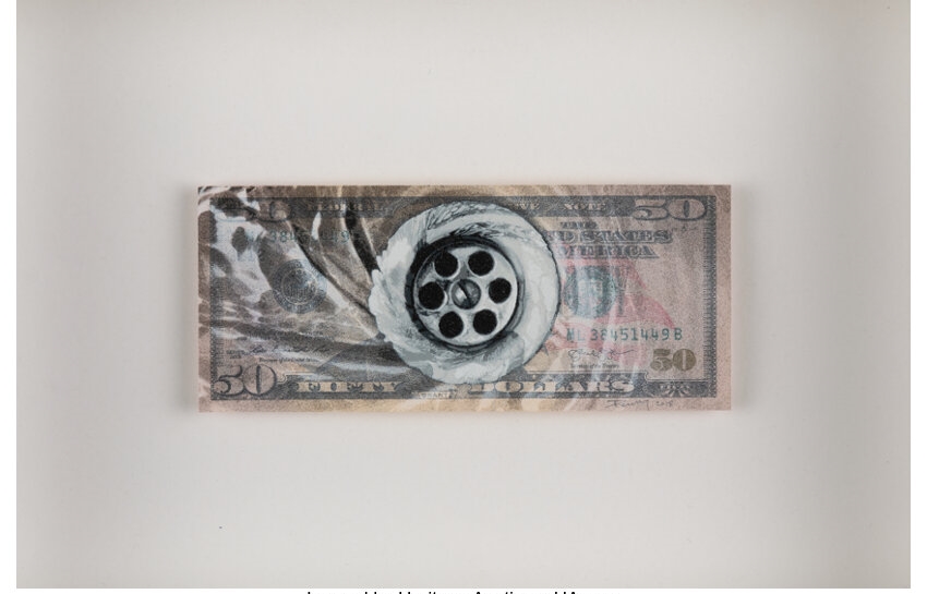Artwork by Penny, Drain, Made of Stencil and spray paint on 50 dollar bill