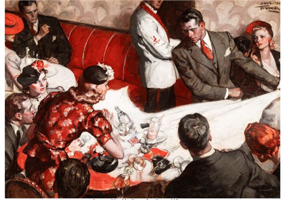 I'll Get Rid of the Tablecloth and not Break a Dish!, Good Housekeeping magazine interior, by Saul Tepper, 1938