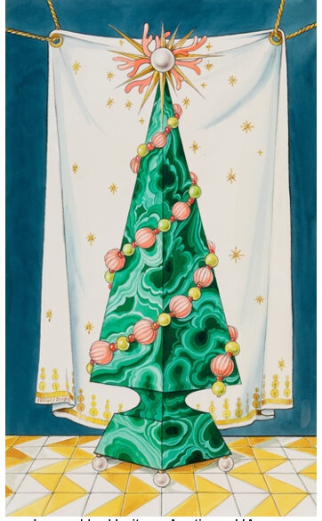 Artwork by Hilary Knight, Malachite Christmas Tree, Made of Watercolor on board with collage
