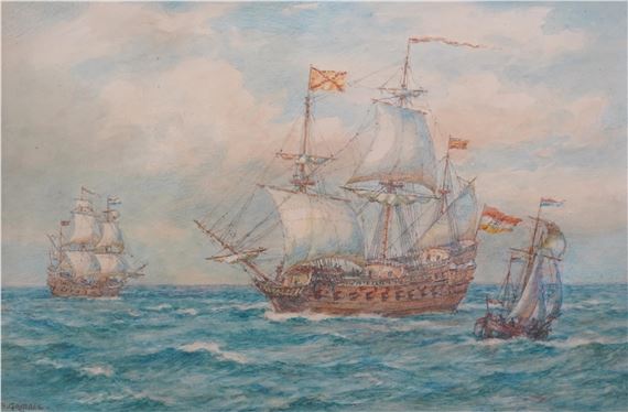 Dutch and Spanish Warships Awaiting the Challenge by Bernard Finegan Gribble