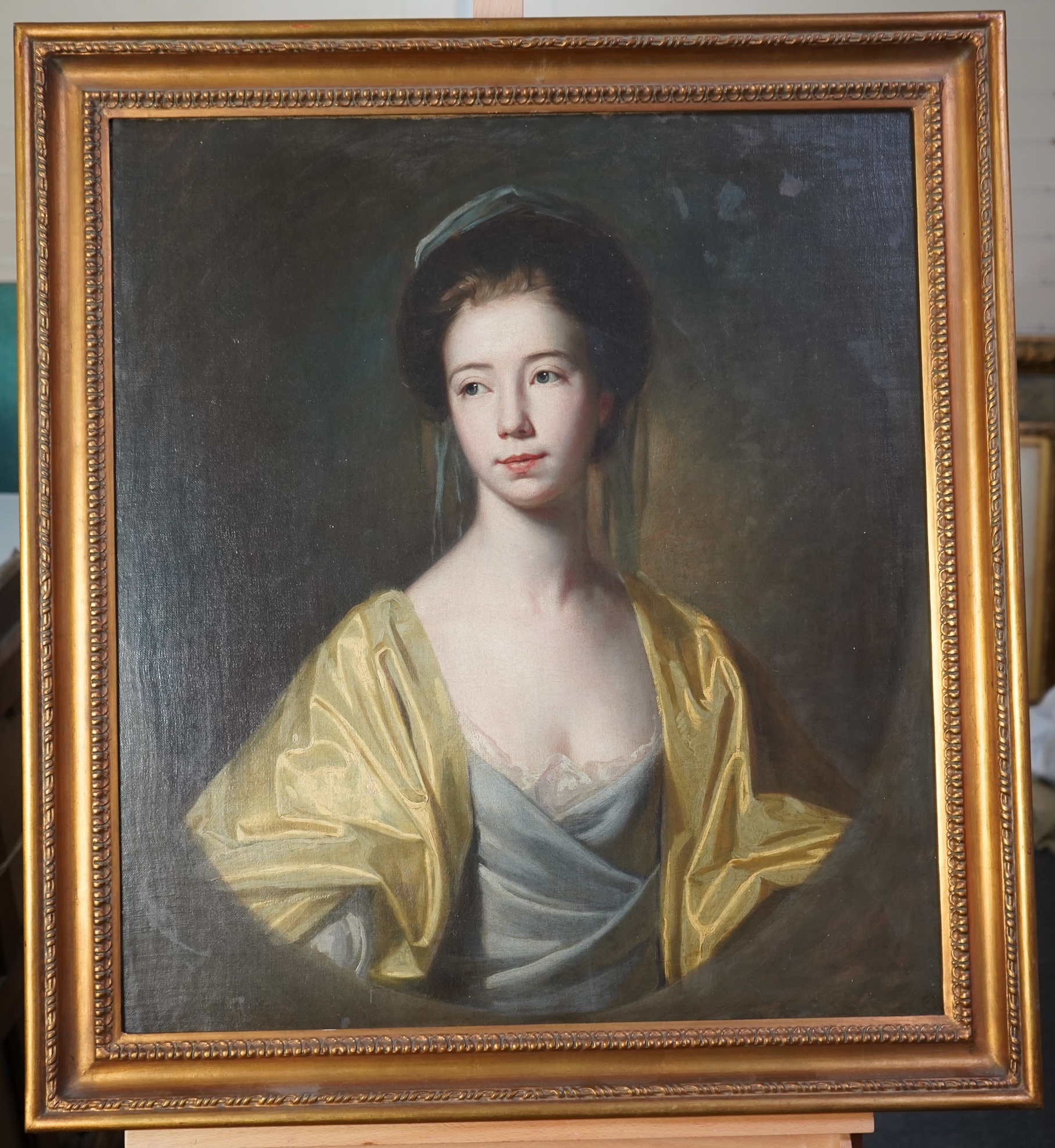 Artwork by George Romney, A portrait of a young lady with yellow drapery, Made of Oil On Canvas