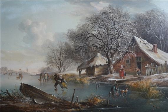 A Winter landscape with figures skating on a frozen canal by Fredericus Theodorus Renard