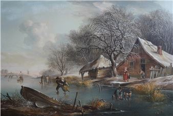 A Winter landscape with figures skating on a frozen canal - Fredericus Theodorus Renard