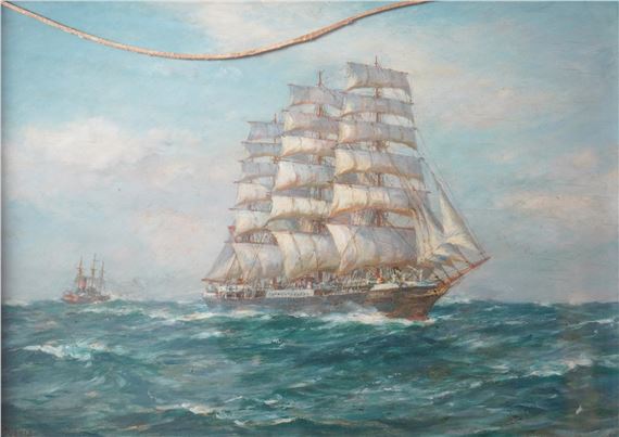 Three masted ship in full sail by Bernard Finegan Gribble
