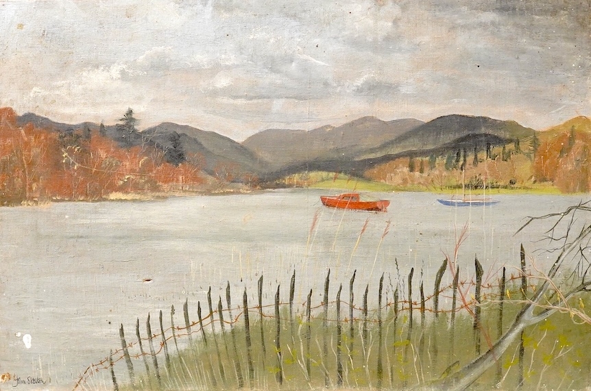 Artwork by John Skelton, Mountainous lakeside view with boats, Made of Oil On Canvas