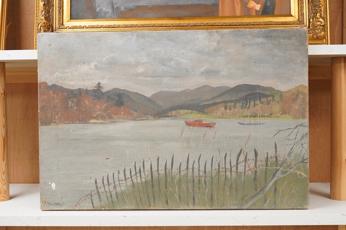 Artwork by John Skelton, Mountainous lakeside view with boats, Made of Oil On Canvas