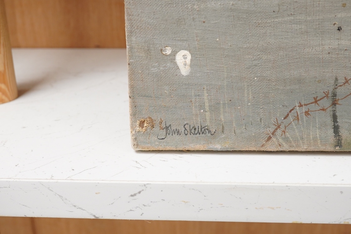 Artwork by John Skelton, Mountainous lakeside view with boats, Made of Oil On Canvas