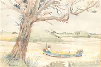 Harbour view with beached vessel - John Skelton