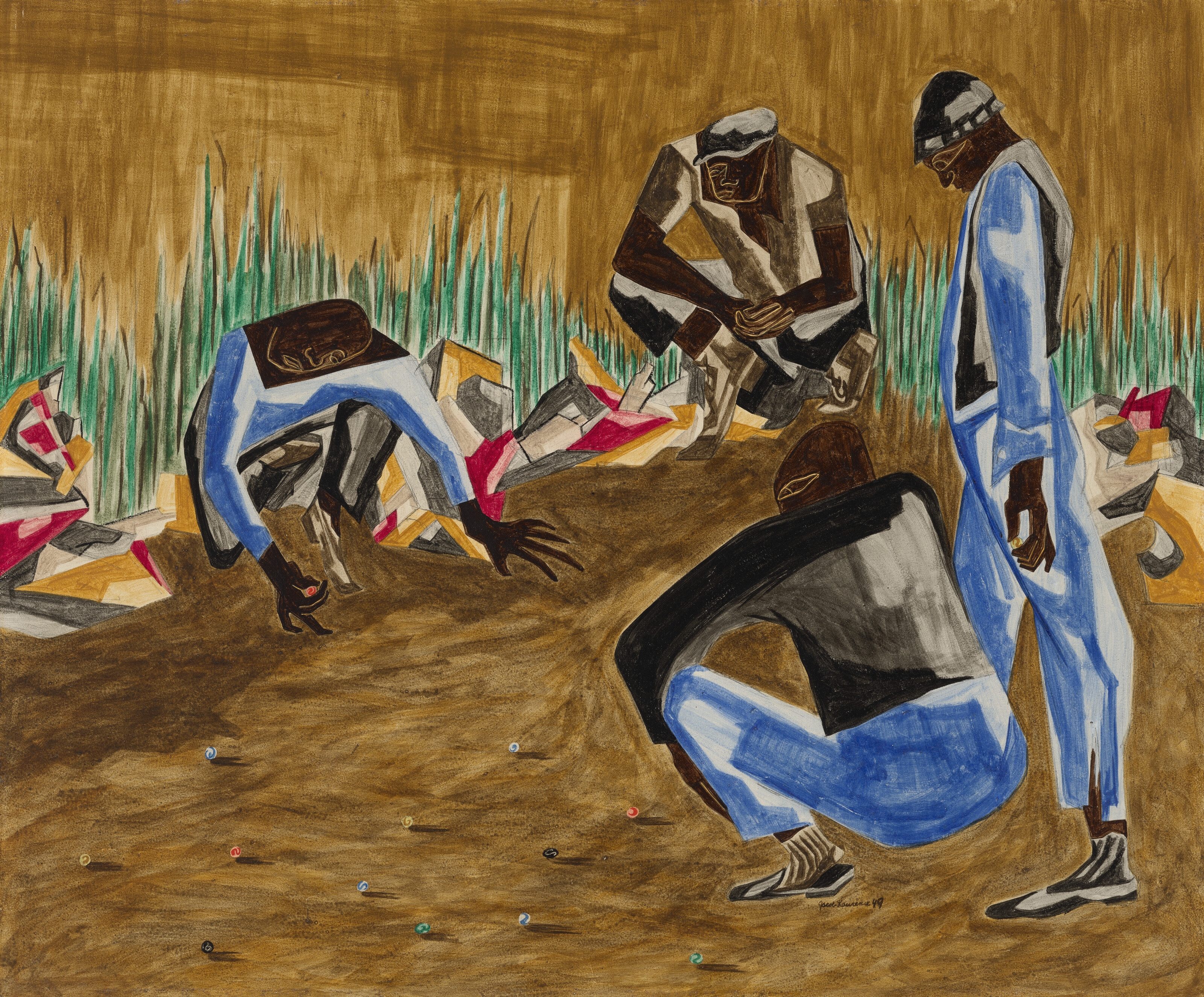 Artwork by Jacob Lawrence, The Marble Players, Made of tempera on gessoed board