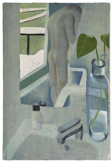 A still life painting featuring a nude figure in the background and a bottle with a green plant in the foreground.