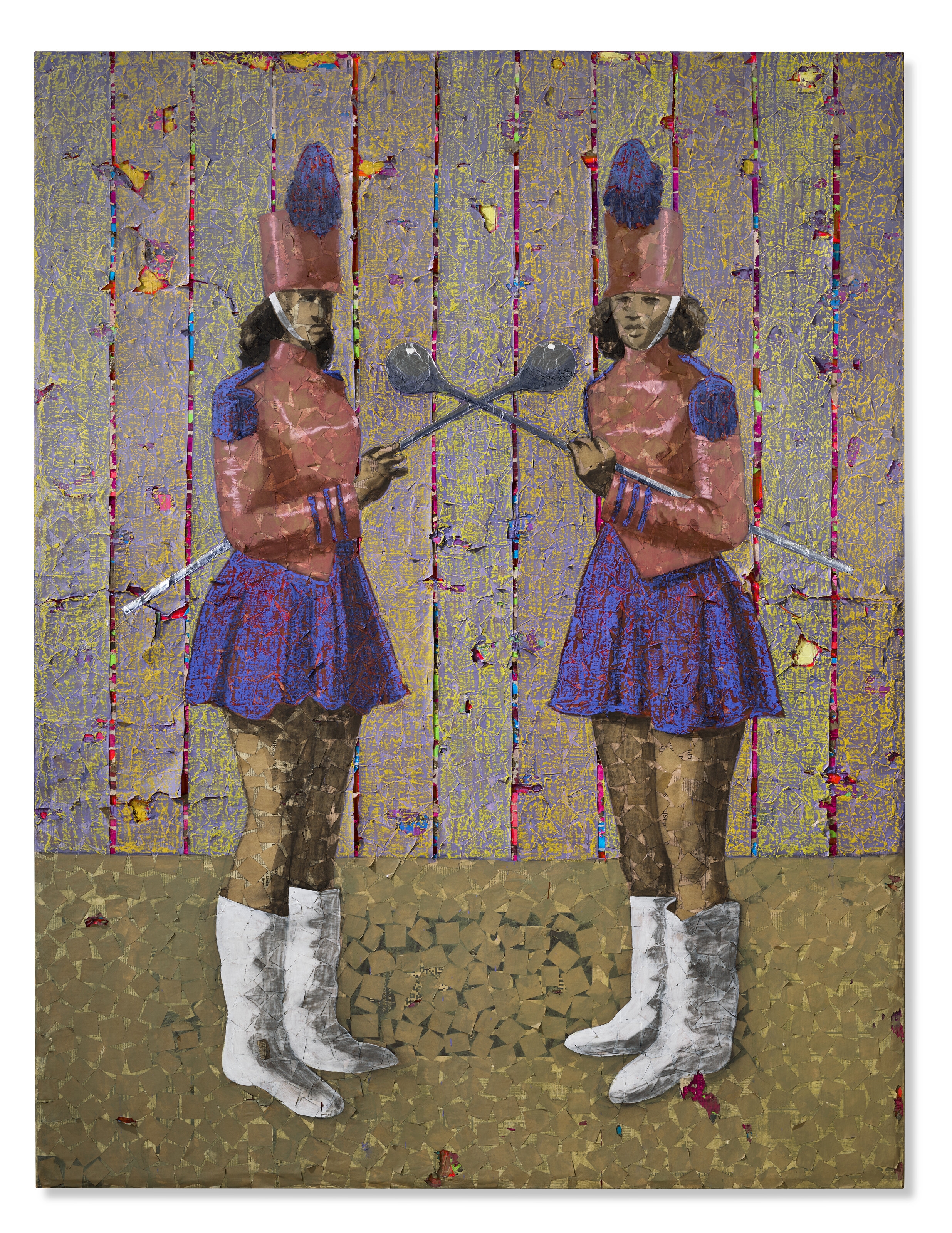 Artwork by Derek Fordjour, Major Double Cross, Made of acrylic, oil pastel, charcoal, cardboard