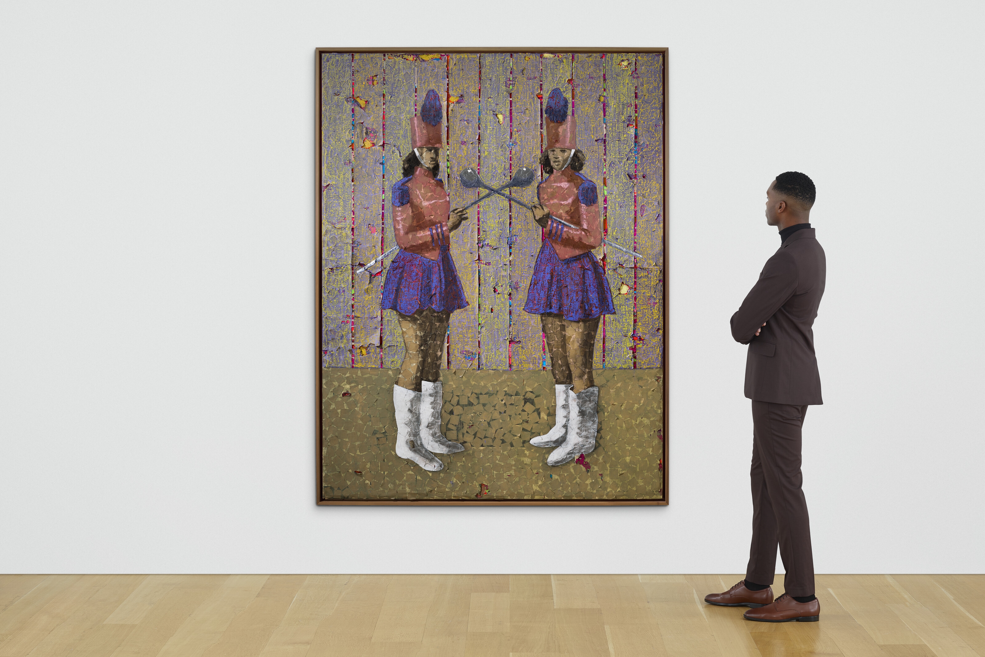 Artwork by Derek Fordjour, Major Double Cross, Made of acrylic, oil pastel, charcoal, cardboard