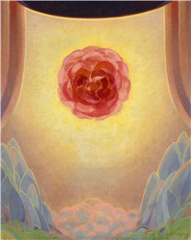 A stylized painting of a red rose floating above blue crystalline structures against a warm yellow background.