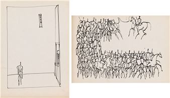 Figure in an interior and scene with horses (work on both sides