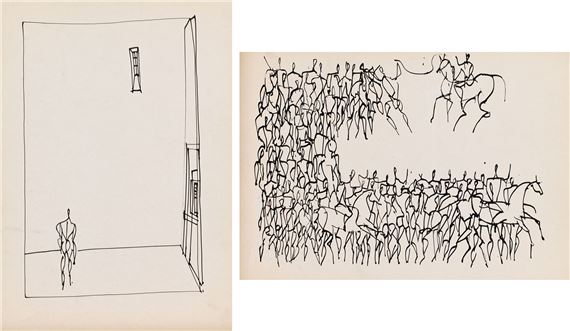 Figure in an interior and scene with horses (work on both sides by Roman Opalka, 1957