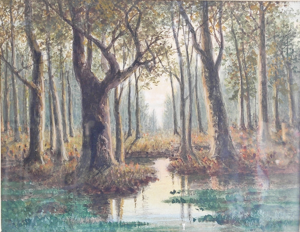 Artwork by Balduin Wolf, Waldstück mit Bachlauf, Made of watercolor on paper