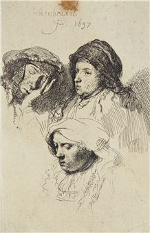 Three Heads of Women, One Asleep - Rembrandt van Rijn