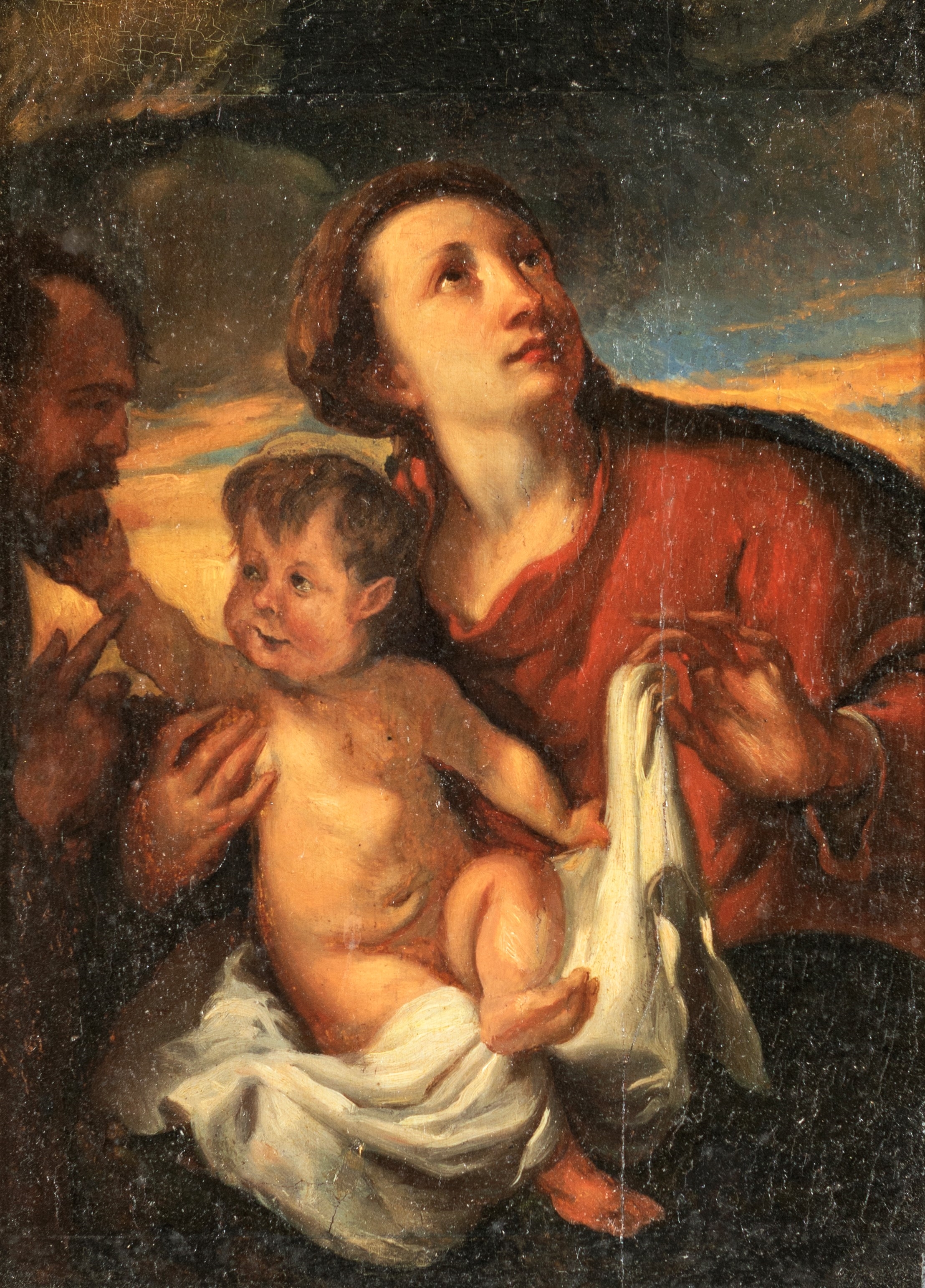 Artwork by Roman School, 17th Century, Madonna col Bambino e San Giuseppe, Made of oil on board