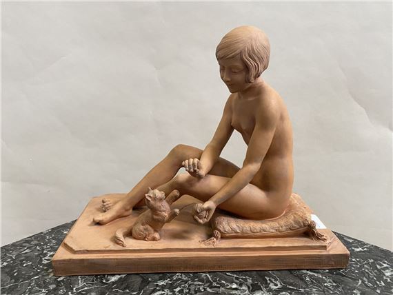 Femme et chat à la pelote de laine - Renè Rod