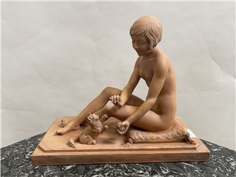 Femme et chat à la pelote de laine - Renè Rod