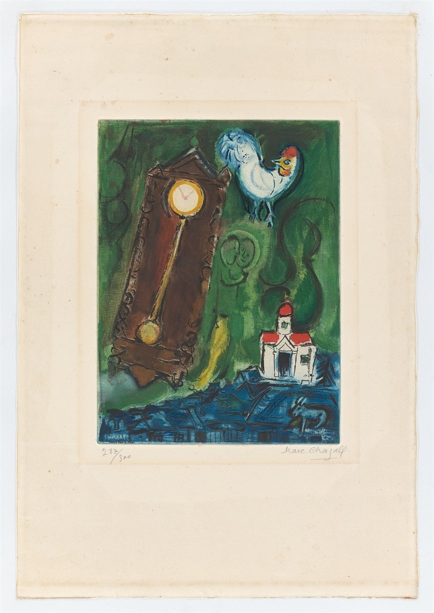 Artwork by Marc Chagall, L'Horloge – Le Pendule, Made of Colour Aquatint And Etching On Bfk Rives Wove Paper