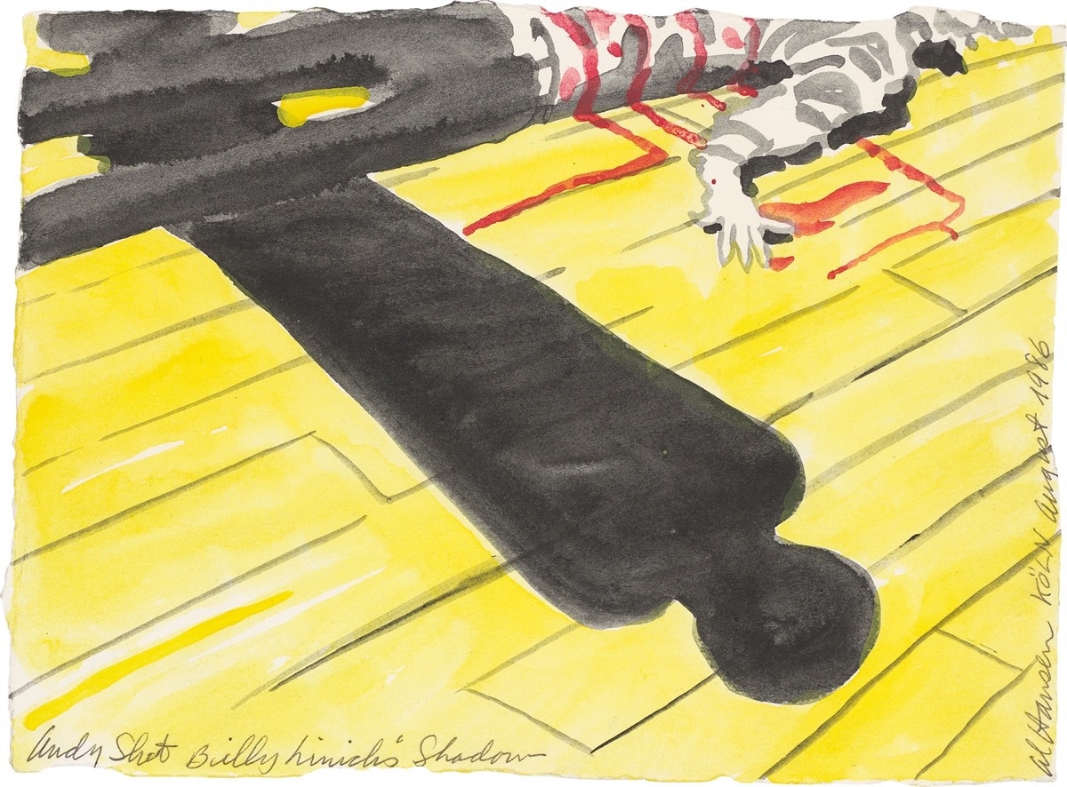 Artwork by Al Hansen, Andy Shot Billy Linichs' Shadow, Made of Watercolour On Paper