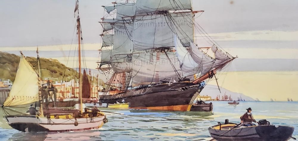 Artwork by Gordon Grant, Marine Scene with Moored Ships, Made of Watercolor On Paper