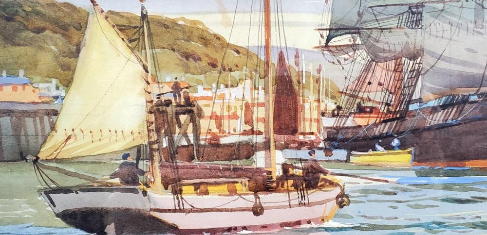 Artwork by Gordon Grant, Marine Scene with Moored Ships, Made of Watercolor On Paper