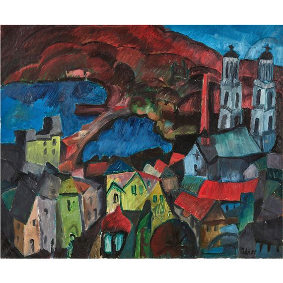 Zürich mit Grossmünster und Quaibrücke by Friedrich Kuhn, (19)55